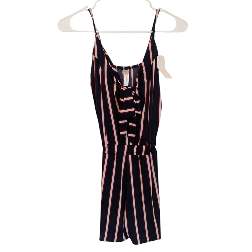 Striped Romper Spaghetti Strap Elastic Stretchy Tie Front Bow Navy Blue Red